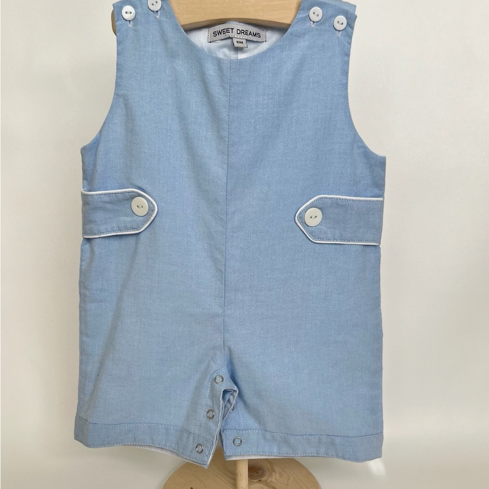 NWOT Sweet Dreams Sky Blue Boys' Shortall Romper with White Trim
